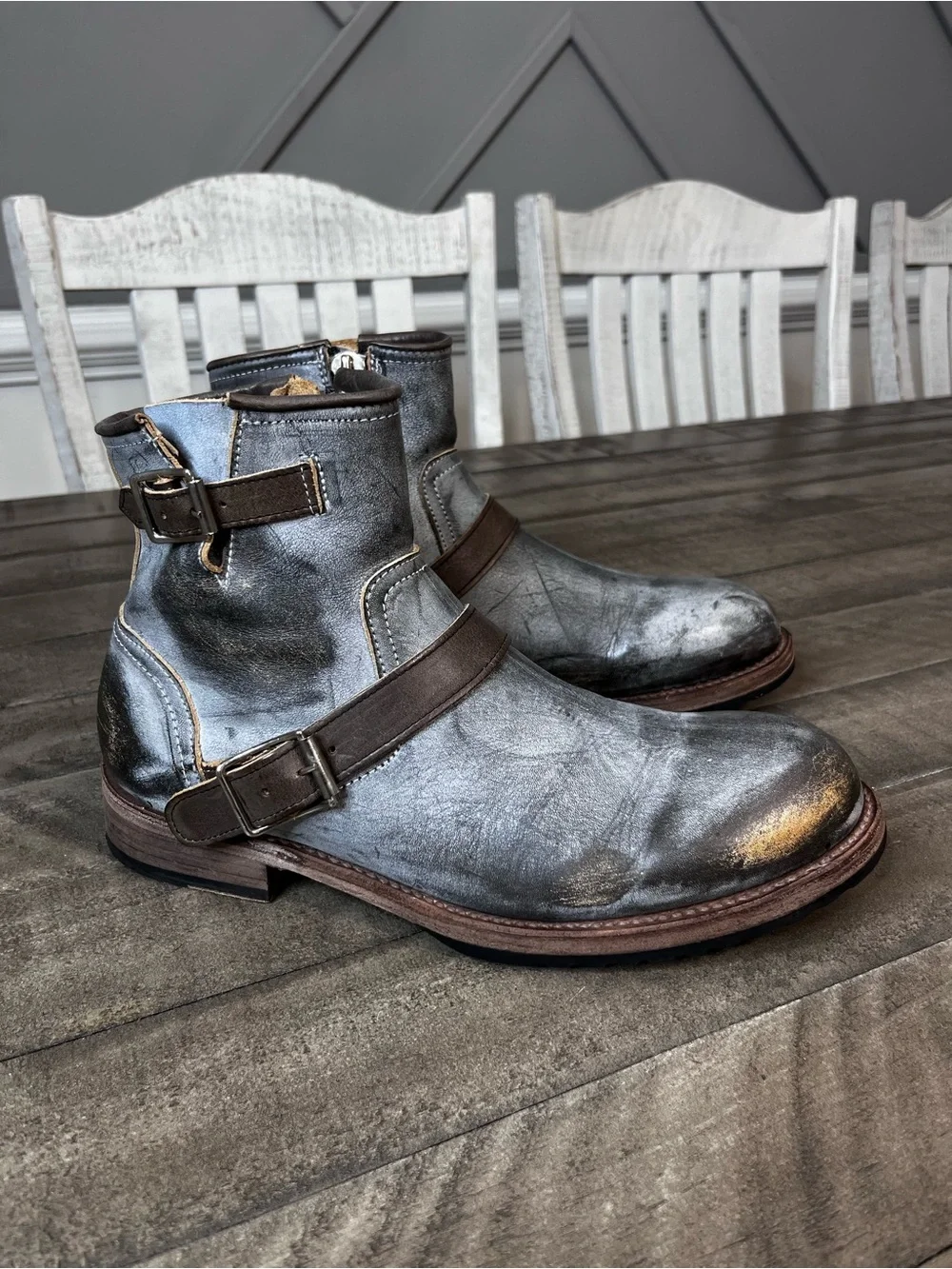 Freebird Railroad Rugged Men's Gray Leather Buckle Zipper Distressed Boots 10